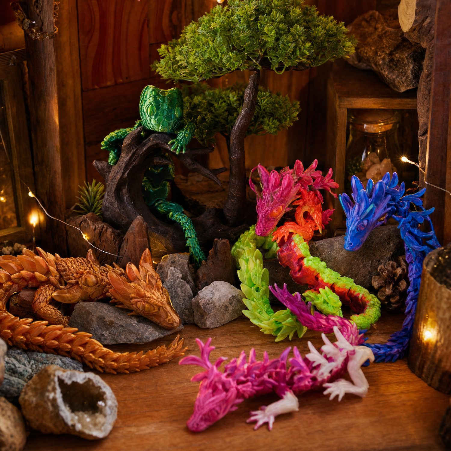 Articulated 3D printed dragons in a warm wooden display