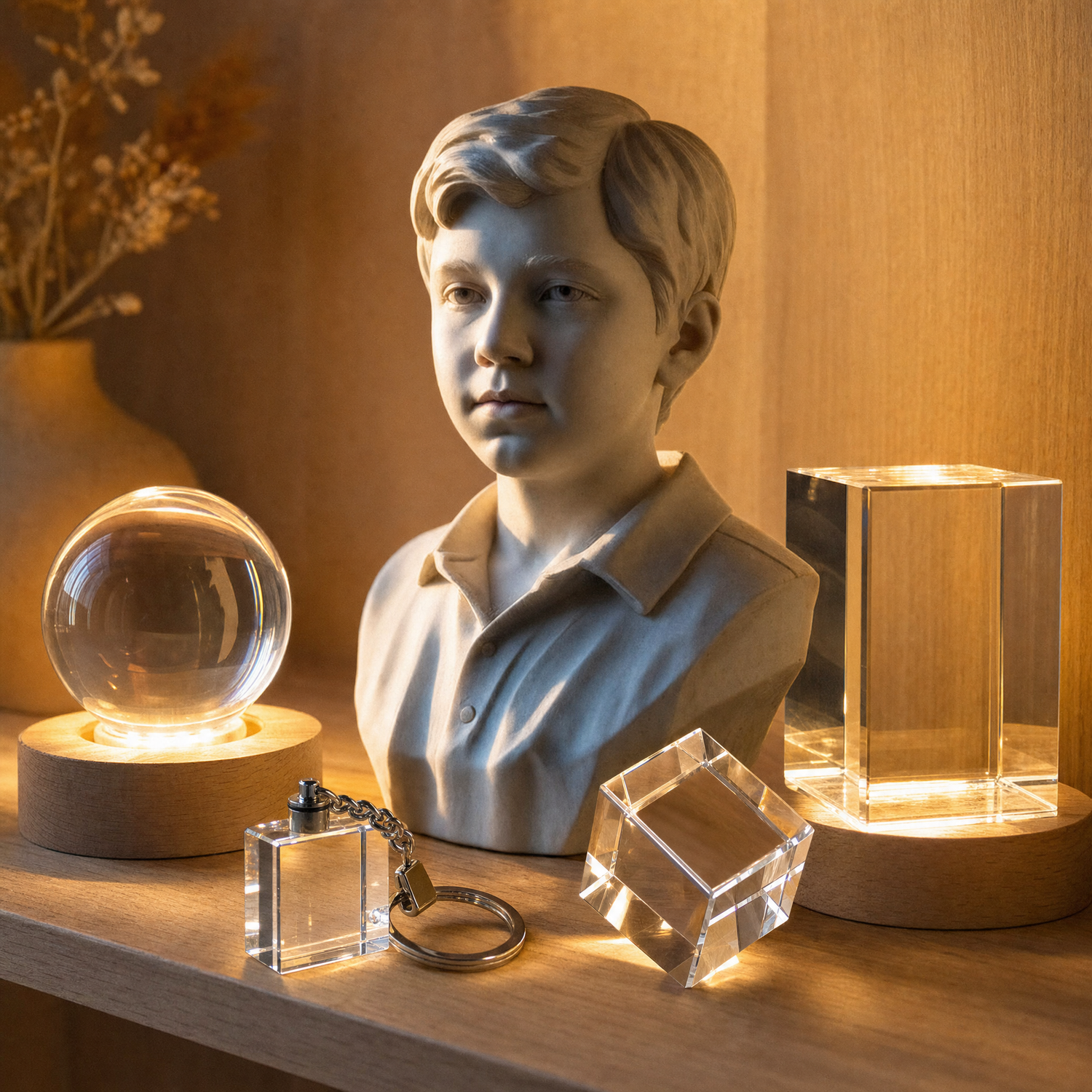 Personalized crystal gifts and 3D face sculpture on a warm wood display
