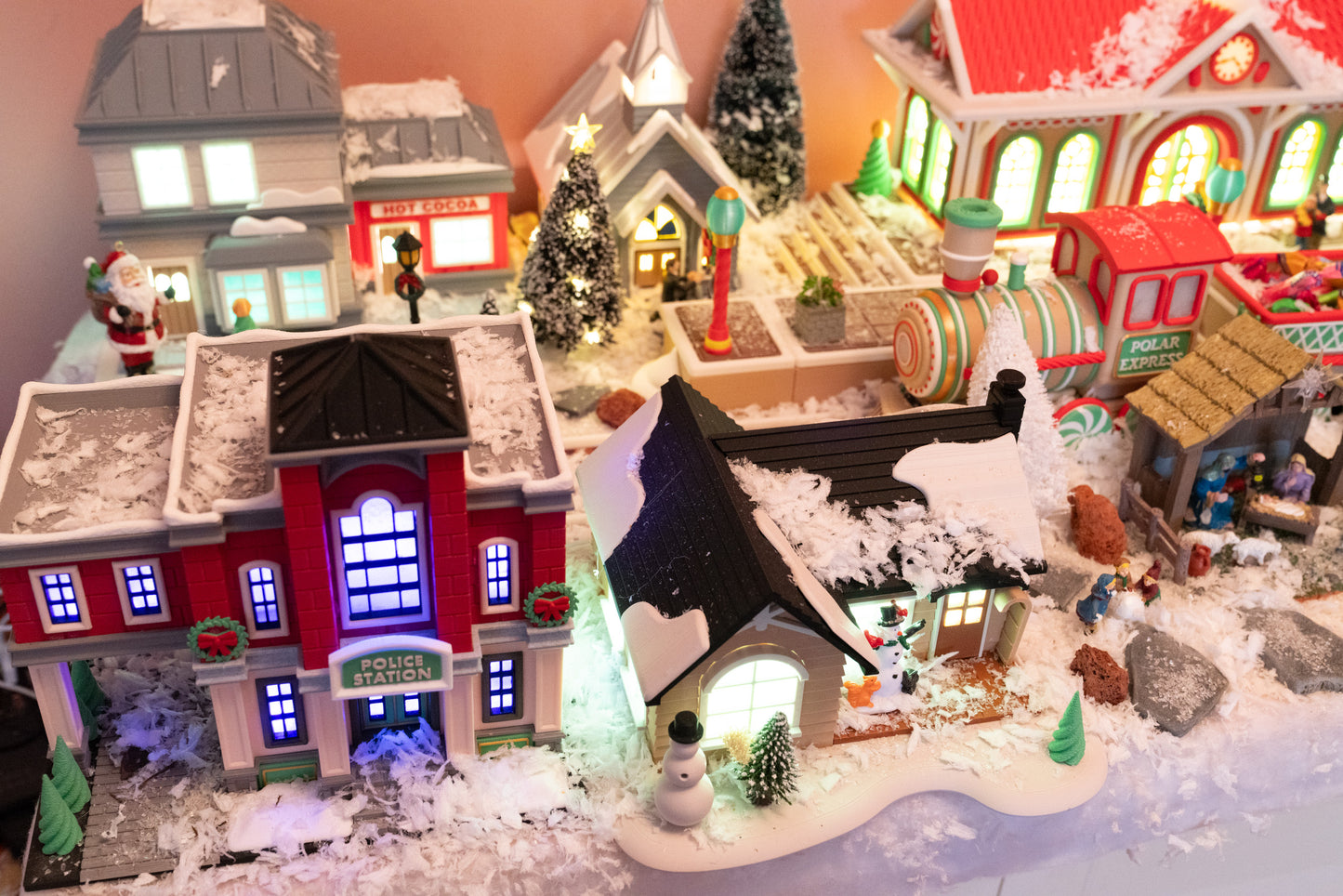 Premium LED Lighted Christmas Village Set - 10 Buildings with Polar Express Train & Snow - Complete Holiday Display Collection (65x150cm)