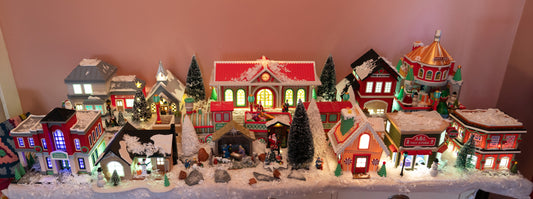 Premium LED Lighted Christmas Village Set - 10 Buildings with Polar Express Train & Snow - Complete Holiday Display Collection (65x150cm)