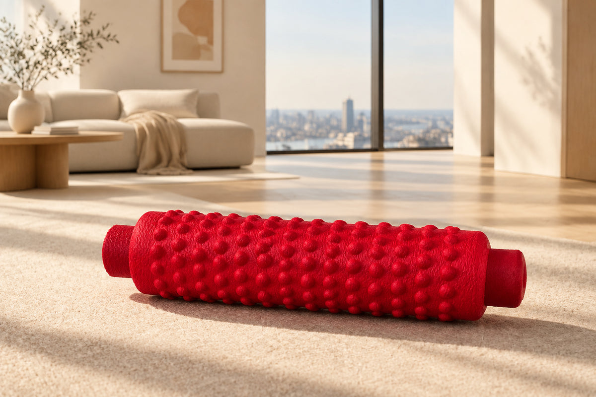 Red massage roller, shown full length