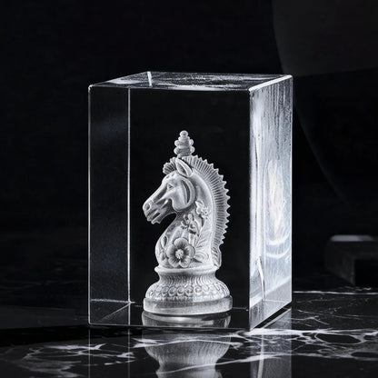 Square crystal tower with a 3D-engraved design, shown without the base